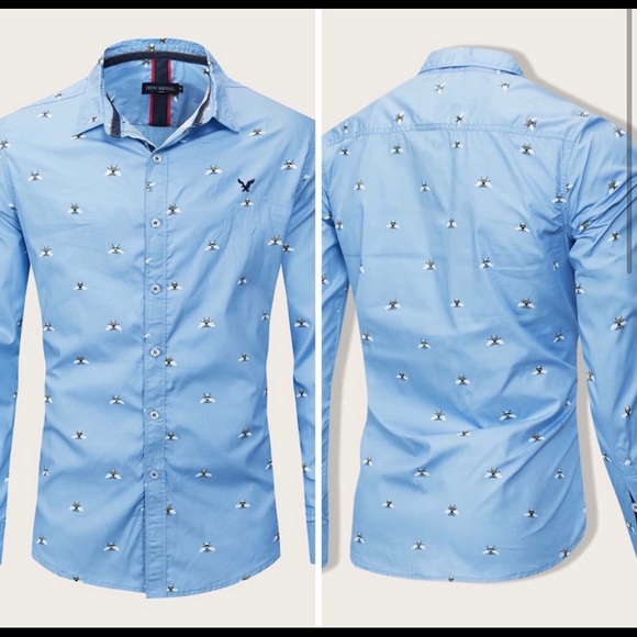 NWT Men’s Blue embroidery Bee Print Button Down - Picture 2 of 5